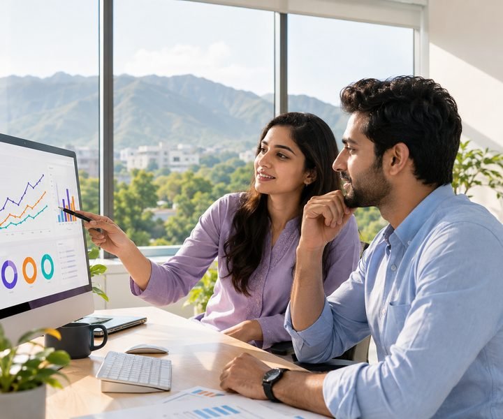 A marketing consultant and client reviewing an analytics dashboard in a bright Islamabad office